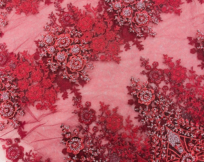 Burgundy Embroidery Beaded Fabric With Sequin on a Mesh, JP Desing Beaded Fabric Floral Bridal Lace Fabric by the yard