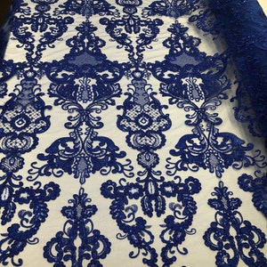 Royal Blue Lace Fabric, Corded Flower Embroidery With Sequins on a Mesh Lace Fabric By The Yard For Gown, Wedding-Bridal-Dress