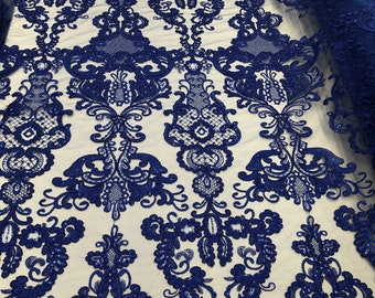 Royal Blue Floral Embroidered Sequin Lace Fabric, Wedding Gown Material