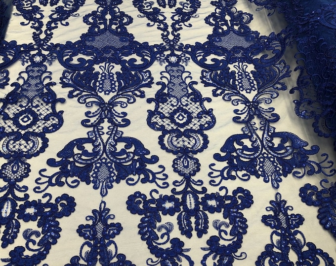 Royal Blue Lace Fabric, Corded Flower Embroidery With Sequins on a Mesh Lace Fabric By The Yard For Gown, Wedding-Bridal-Dress