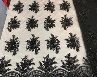 Black Beaded Floral Lace Fabric: Embroidered Sequins, By The Yard
