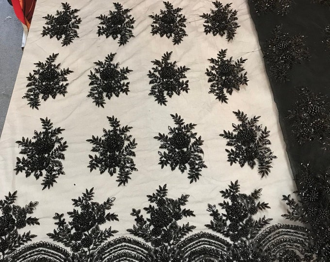 Black Hand Beaded Lace, Embroidered Floral Design Fancy Sequins Fabric with Beads Sold in Many Colors By The Yard