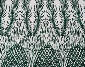 Green Beaded Damask Fabric: Heavy Sequin Appliqué Lace