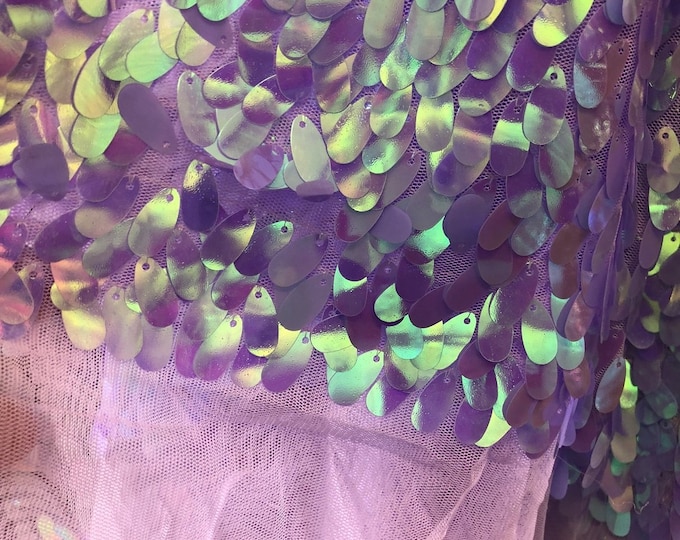 Iridescent Hologram Oval Tear Drop Sequins Fabric - Iridescent Lilac  - Mermaid Fabrics Dresses-Nightgowns-Prom Gown (Pick a Size)