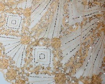 Blush Beaded Lace Fabric: Geometric Embroidery on Mesh, Bridal Luxury