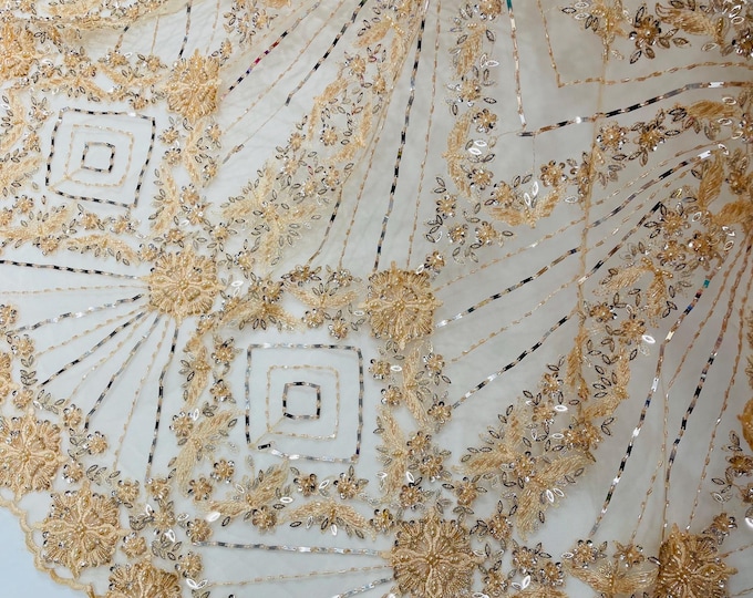 Blush Beaded Geometric Pattern Beaded Fabric, by the yard, Embroidery Beaded Lace Fabric, Geometric Luxury Bridal Beaded Fabric on a Mesh