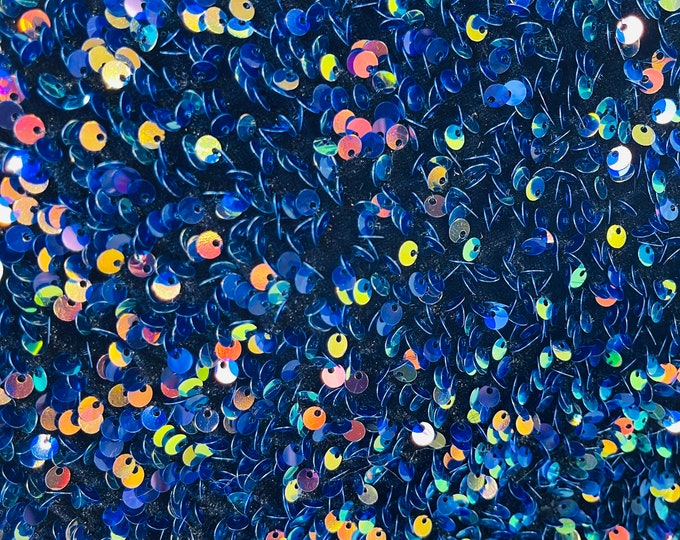 Iridescent Rainbow Sequin on Black Stretch Velvet With Luxury Sequins all Over 5mm Shining Sequins 2-way Stretch 58/60” (Choose The Size)