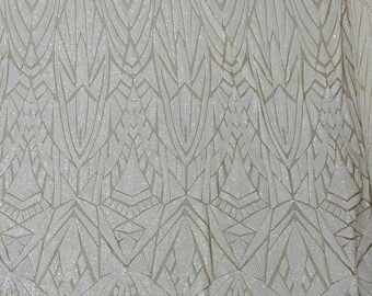 White/Lt Nude Sequins Fabric- Geometric Design 4 Way Stretch Sequin Fabric Sold By The Yard