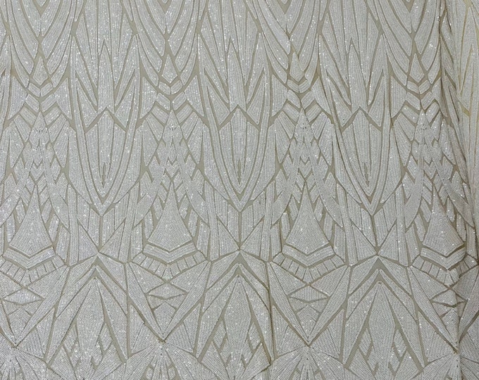 White/Lt Nude Sequins Fabric- Geometric Design 4 Way Stretch Sequin Fabric Sold By The Yard
