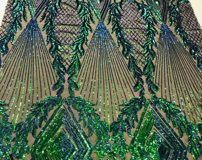 Iridescent Green Sequin - 4 Way Stretch Geometric Diamond Design on Mesh Fabric for Prom Gala Gown By The Yard