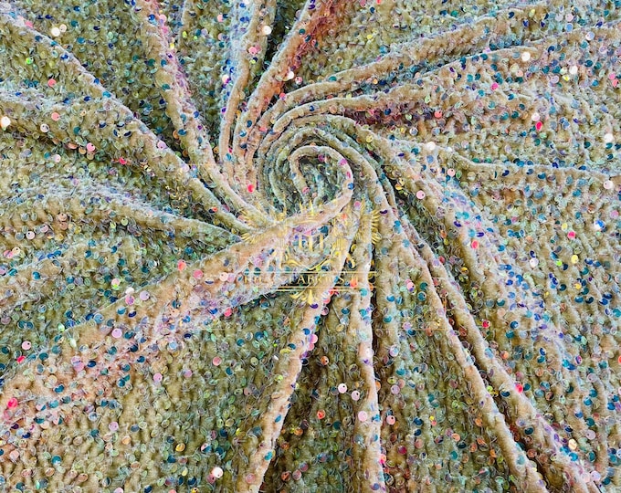 Clear Iridescent Sequin Fabric | on Gold Stretch Velvet | by the yard | Sequins Velvet 2-way Stretch | Sequins Velvet Fabric