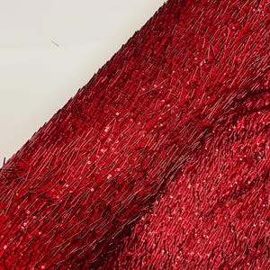 Red Gleam Beaded with Sequins Stretch Mesh Fabric By The Yard | Embroidery Beaded Sequins Fabric on a Mesh Prom,Gown