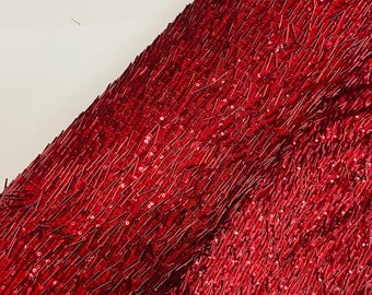 Red Gleam Beaded with Sequins Stretch Mesh Fabric By The Yard | Embroidery Beaded Sequins Fabric on a Mesh Prom,Gown