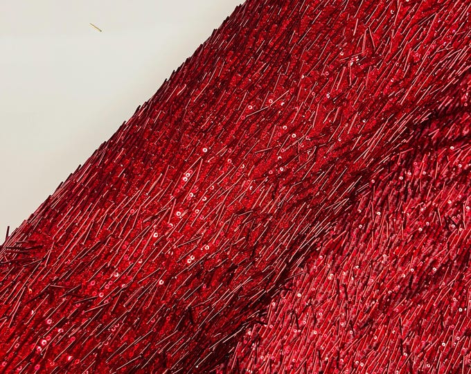 Red Gleam Beaded with Sequins Stretch Mesh Fabric By The Yard | Embroidery Beaded Sequins Fabric on a Mesh Prom,Gown