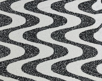 Wavy Line Sequin Fabric: Black & White Stretch Velvet, 5mm Sequins - By The Yard