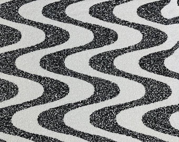 Stretch Velvet Sequins -White / Black Sequin on Stretch Velvet Fabric - Wavy Line Design with 5mm Sequins By Yard