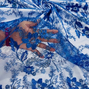Royal Blue Metallic Floral Lace Fabric, Corded Embroider With Sequins on a Mesh Lace Fabric Floral, Metallic Lace Fabric by the yard
