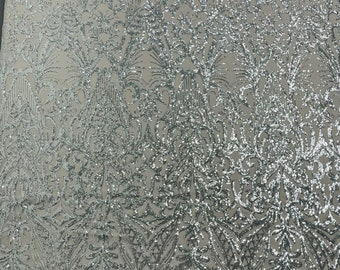 Silver Sequin Fabric – Damask Design, 4-Way Stretch Mesh, Prom Gown Fabric