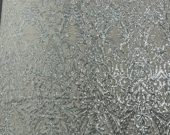 Silver Sequin Fabric On Silver Mesh - by the yard - Damask Design on a 4 Way Stretch Sequins Fabric Mesh-Prom-Gown