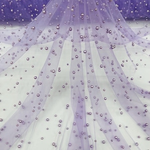 Lilac, Scattered Pearls Studded Mesh, by the yard - 2 Way Stretch, Pearls On Mesh, Scattered Pearls on Mesh, Bead Wedding Bridal Dress