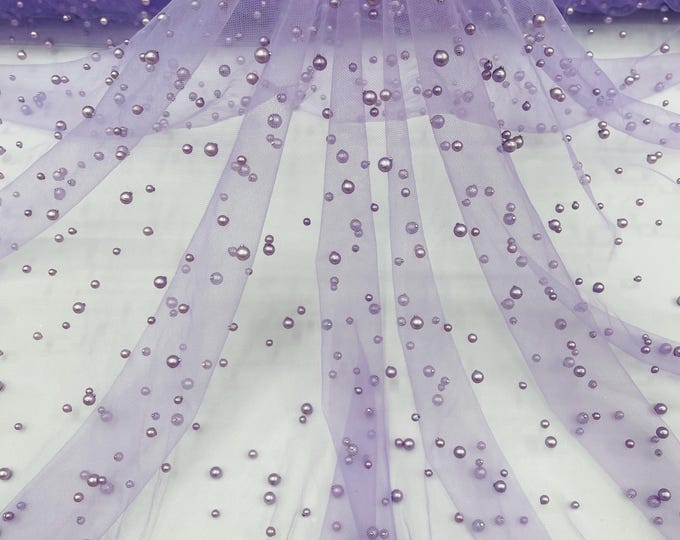 Lilac, Scattered Pearls Studded Mesh, by the yard - 2 Way Stretch, Pearls On Mesh, Scattered Pearls on Mesh, Bead Wedding Bridal Dress