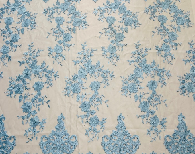 Baby Blue Damask Design Embroidered on Mesh Lace Fabric, Floral Bridal Lace Wedding Dress by the Yard (Pick a Size)