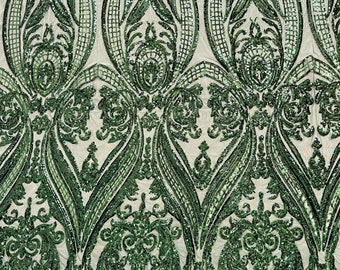 Hunter Green Sequins - 4 Way Stretch Fancy Big Damask Design Sequins on Spandex Mesh Prom Gala Gown Fabric By The Yard