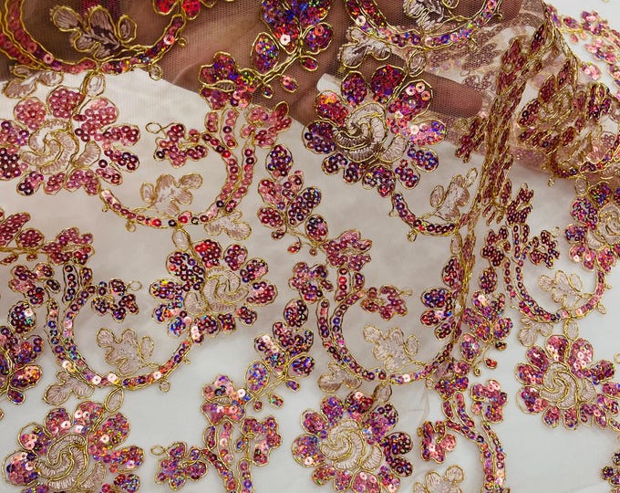 Dusty Rose Hologram Metallic Corded Lace Floral by Yard With Metallic Thread Flower Design Embroidered With Sequin on a Mesh Lace Fabric