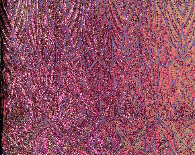 Purple iridescent Sequin Fabric by the yard on a Mesh 4 Way Stretch - Geometric Design Embroidery With Sequins Iridescent (Pick a Size)
