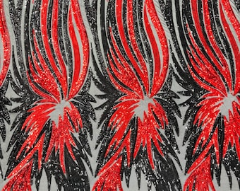 Angel Wings Sequin Fabric | Black & Red Embroidered Mesh, 4-Way Stretch