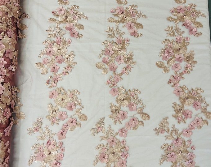 Mia Fabrics Inc, Dusty Rose 3D Floral-Flower With Pearl, Bridal Lace 3D Flower Wedding Lace by the Yard (Pick a Size)
