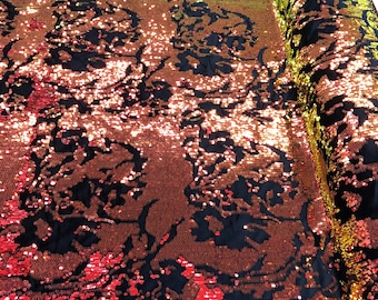 Iridescent Orange Sequin Black Stretch Velvet Fabric - 58/60" Wide