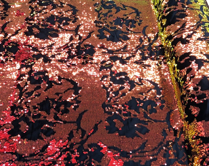 Iridescent Orange Sequin on Black Stretch Velvet With Luxury Reversible Sequins Shining Sequins 2-way Stretch 58/60” (Choose The Measure)