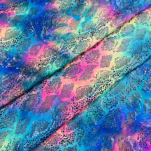Hot Pink/Blue Iridescent Cobra Foil Printed Nylon Spandex Fabric By The Yard | Tie dye Metallic Snake Design Nylon Fabric 4Way Stretch 60”
