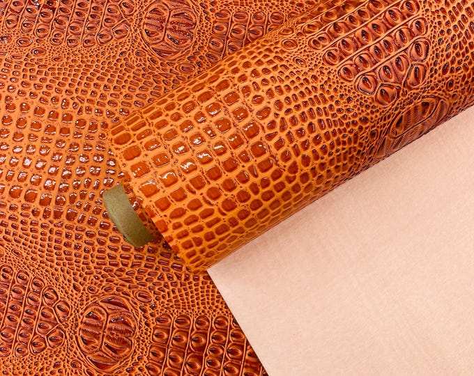 Crush Orange Gator 3D Embossed Vinyl Fabric - By Yard Glossy Crocodile 2 Tone Faux Leather