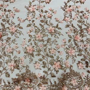 Rose Gold 3D Flower Glitter Sequin Fabric by the Yard, 3D Floral ...