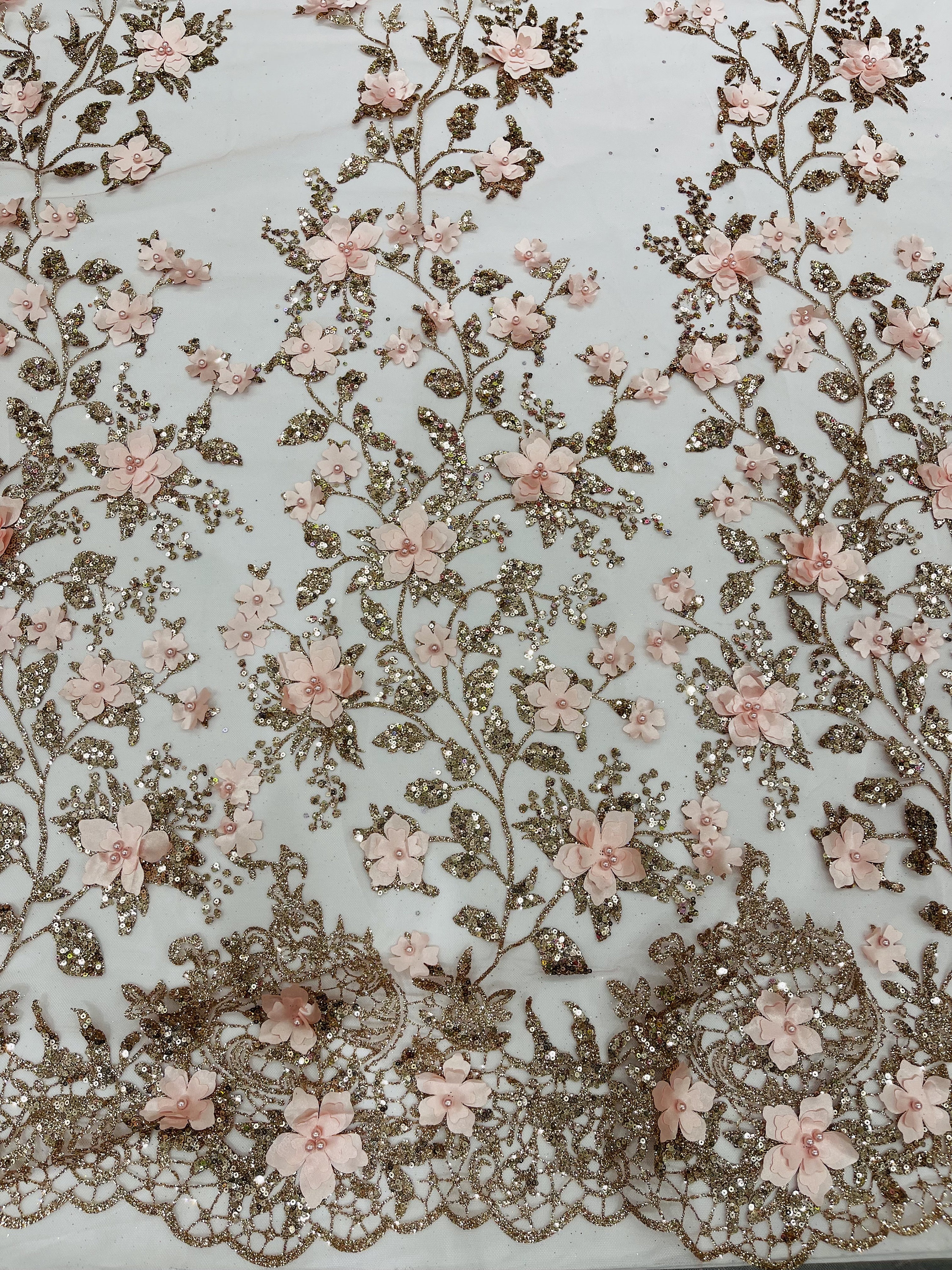 Rose Gold 3D Flower Glitter Sequin Fabric by the Yard, 3D Floral ...