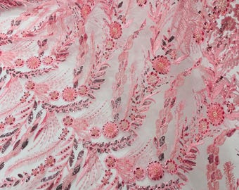 Pink Floral Beaded Lace Fabric: Embroidered Sequins on Mesh, Bridal Wedding Dress