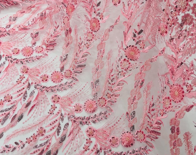 Pink Floral Design Beads and Sequins, Lace Beaded Sequin Floral & Leaves Embroidered on a Mesh Lace,Wedding,Bridal,Dress Sold By Yard