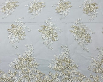 Ivory Gold Floral Lace Fabric: Embroidered Mesh, Scalloped Edge - By The Yard