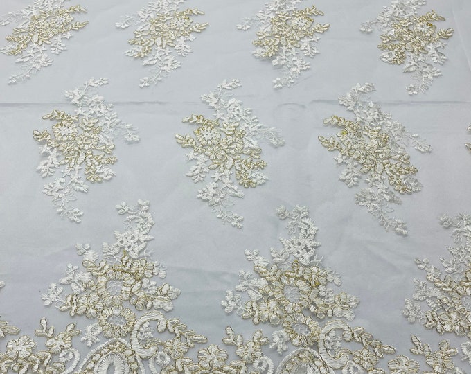 Ivory/Gold Metallic Floral Lace Fabric, Embroidery on a Mesh Lace Fabric By The Yard For Gown, Wedding-Bridal-Dress