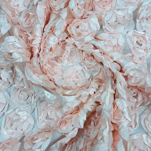 Lt Pink Rosette Fabric 3D Floral Fabric By The Yard, Peony Bouquet Fabric on Mesh, 3D Rosette Satin Fabric Wedding Decor.