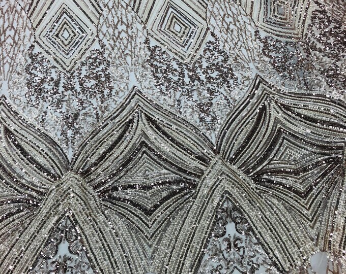 Light Gold 4 Way Stretch Geometric Sequins - Nova Design Triangular Fabric for Prom Gala Gown Sold By The Yard
