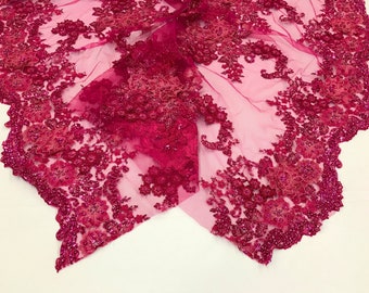 Fuchsia 3D Flower Lace Fabric: Sequined Beaded Mesh, Prom Dress Material