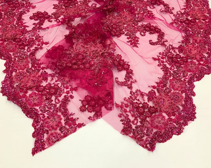 Fuchsia 3D Flower Design - by the yard - Embroider With Sequins and Beaded On a Mesh Lace Fabric 3D Floral-Prom-Dresses-Nightgown