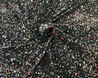 Black Iridescent Sequin Stretch Velvet Fabric: 5mm Shining Sequins, 2-Way Stretch (58/60")