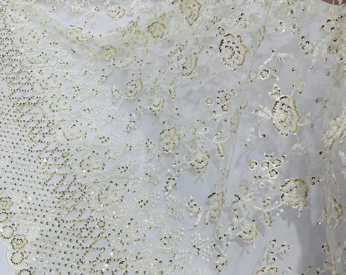 Ivory Beaded Sequined Lace Fabric: Embroidered Mesh, Bridal Wedding Dress