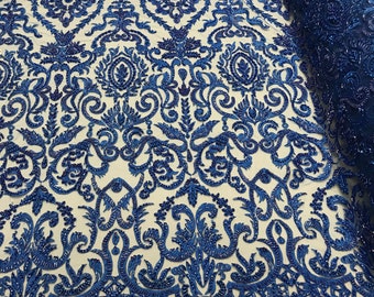 Royal Blue Embroidered Damask Pattern With Pearls and Beads on a Mesh - Beaded Fabric - Lace Fabric by the yard