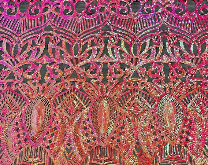 Orange/Fuchsia Iridescent Sequins on Black Mesh - by the yard - Royalty Design on Mesh 4way Stretch Sequin-Prom-Gown