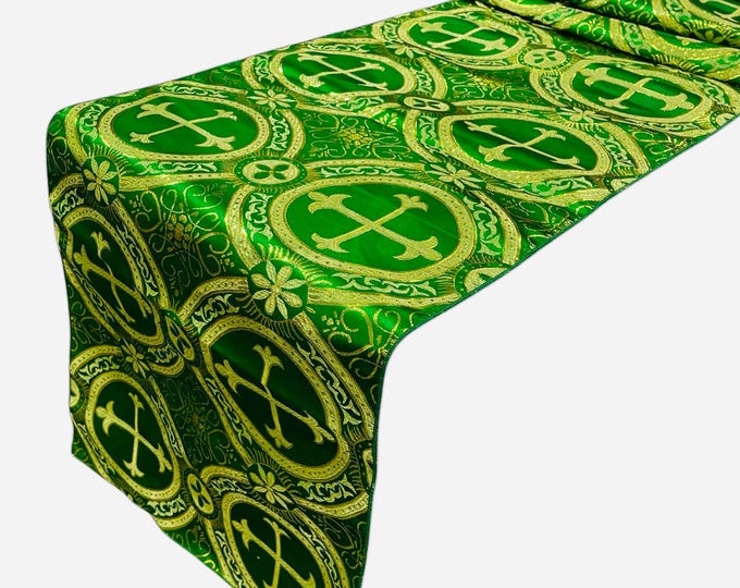 Green Gold Religious Brocade Tablecloth | Liturgical Fabric | Runner Ecclesiastical Jacquard | Church | Vestment - Cross Brocade by Yard